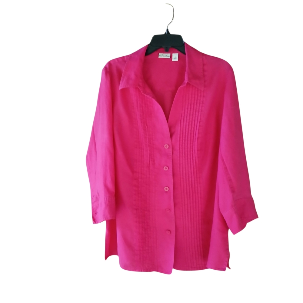 Kim Rogers Fuschia Pintuck 3/4 Sleeve Button Down Linen Shirt Size 1X
